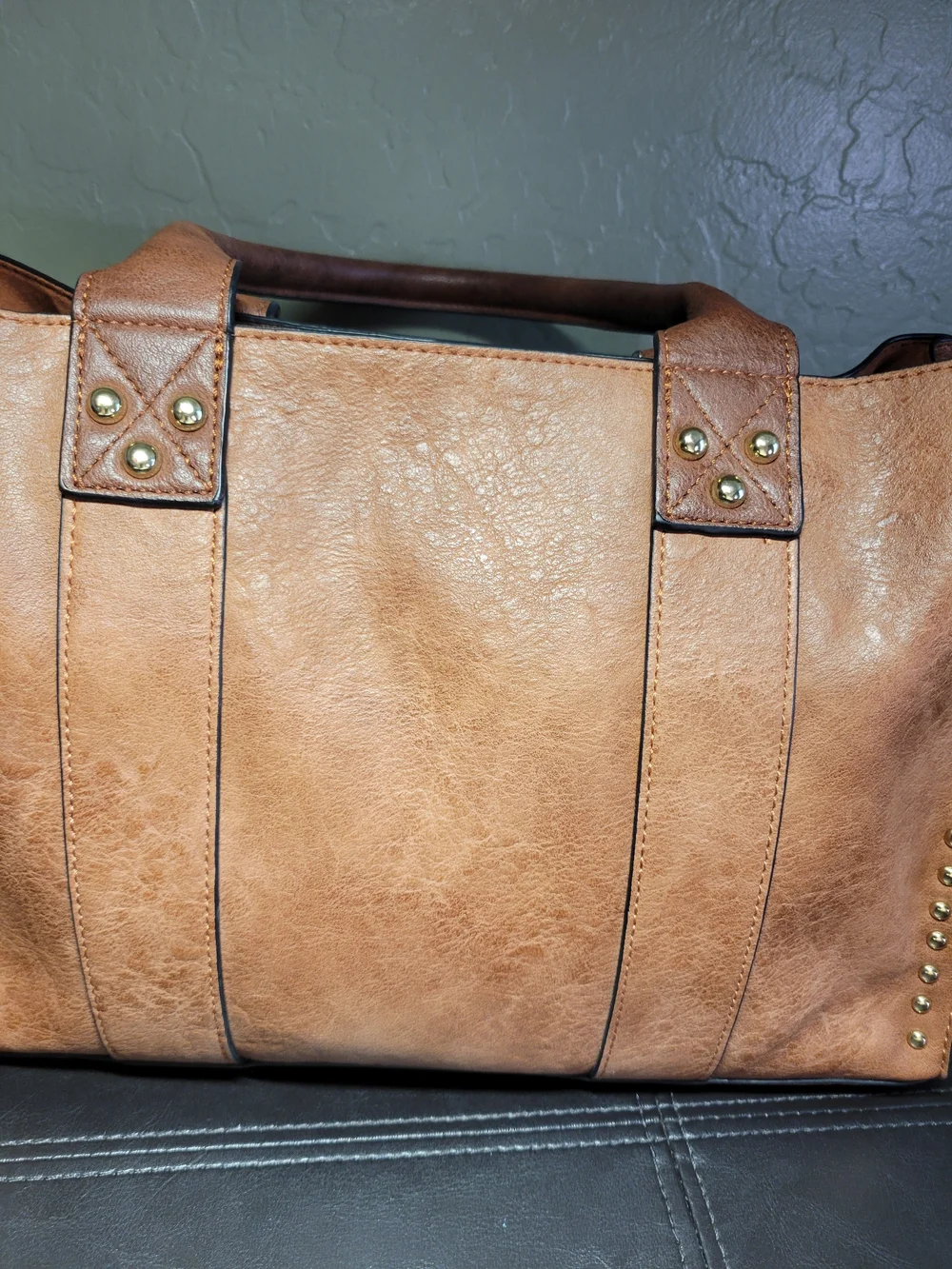 DaseinTan Studded Vegan Leather Satchel Bag - Elegant Everyday Carry